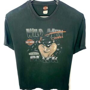Vintage Harley Davidson TAZ Looney Tunes Faded Black Double Sided T Shirt XXL